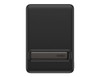 A black power bank with a slim design and a branding logo, featuring a magnetic attachment.