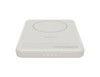 A slim, light grey magnetic power bank with a circular charging area and indicator lights, featuring a logo.