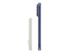 A slim power bank in white and navy blue, featuring a magnetic design and a minimalist profile. It has a logo.