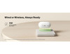 A magnetic power bank in white, featuring a charging pad with a green indicator light and a logo.