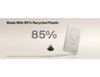 A slim white magnetic power bank made with 85% recycled plastic, featuring a circular design and branding.