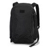 A black computer backpack with a sleek design, features adjustable straps, and has a logo on the front.