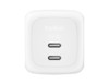 A white dual USB-C wall charger with two ports, featuring a logo.