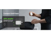 A compact white dual USB-C wall charger held above a black pouch, featuring a simple design and a branding logo.