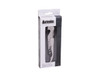 A stainless steel French style waiters corkscrew in packaging, featuring a black handle and a logo.