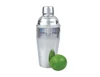 A stainless steel cocktail shaker with a polished finish, accompanied by a green lime.