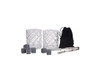 A drink set featuring two clear crystal whisky glasses, grey whisky stones, a pair of tongs, and a black storage pouch.