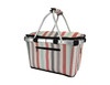 A striped insulated carry basket with a lid, featuring silver handles and a zippered pocket.