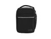 A black insulated lunch bag featuring a front zip pocket and a mesh side pocket, with a logo.