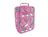 A pink insulated lunch bag featuring a fun design with unicorns, donuts, rainbows, and stars, with a logo on it.