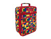 An insulated lunch bag featuring a colourful design of interlocking blocks in red, yellow, green, and blue. It has a handle and a zipper.