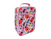 A pink insulated lunch bag decorated with colourful ladybug patterns and a front zipper pocket. It has a top handle and branding.