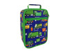A blue insulated lunch bag featuring various colourful trucks and recycling designs, with a green handle and zipper.