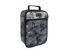 A insulated junior lunch bag features a grey and black design with silhouettes of cyclists and a handle on top.