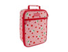 A pink insulated lunch bag with a cherry pattern and a red zipper, featuring a handle on top and a logo.