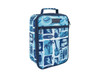 An insulated lunch bag featuring a blue and aqua surf-themed design, complete with patterns of waves, guitars, and palm trees.