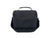 A black insulated lunch bag with a handle and adjustable shoulder strap, featuring a logo on the front.