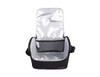 A black insulated lunch bag with a silver interior and a mesh pocket, featuring an adjustable strap.