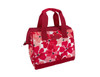 A floral insulated lunch bag in shades of pink and red with sturdy handles and a distinctive logo.