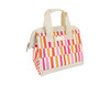A striped insulated lunch bag in vibrant shades of pink, orange, and cream with short handles. It features a logo.