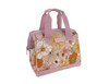 A floral insulated lunch bag in pink and pastel tones, featuring sturdy handles and a zippered closure.
