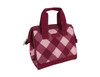 A maroon and pink insulated lunch bag with a diamond pattern and dual handles. It features a zip closure and a branding logo.