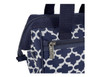 A navy blue insulated lunch bag featuring a geometric pattern and a zippered pocket, with a branding tag.
