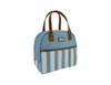 A blue and white insulated lunch bag with a striped pattern and brown handles, featuring a logo.