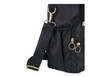 A drink bottle bag in black featuring a zippered pocket, gold accents, and an adjustable strap with branding.