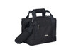A black insulated cooler bag with adjustable straps and a front pocket, featuring a logo.