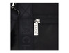 A close-up of a black insulated cooler bag featuring a silver zipper pull and branding detail.
