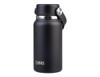 A drink bottle in matte black with a silver handle and a logo, featuring a compact design.