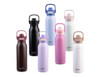 A drink bottle collection featuring various colours: black, brown, pink, white, light blue, and dark blue, with dual spouts and branding.