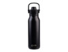 A drink bottle in matte black with a dual spout, crafted from stainless steel and featuring a logo.