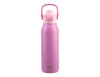 A drink bottle in vibrant pink with a dual spout and ceramic lining, featuring a handle and a logo.
