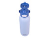 A drink bottle with a light blue ceramic-lined stainless steel body and dual spout, featuring a lid and a logo.
