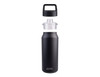A drink bottle in matte black and transparent plastic, featuring a chug spout and a carrying handle. Includes a logo.