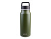 A drink bottle in olive green with a black lid and handle, featuring a logo on the front.