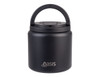 A food flask in matte black with a quick release lid, spork, and a carry handle. It features a logo.