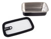 A rectangular stainless steel container in silver with a black lid, featuring a logo. Capacity of 700ml.