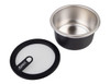 A round stainless steel container in silver with a black lid. The container has a sleek design and logo.