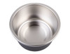 A round stainless steel container with a shiny interior and a matte exterior, designed for microwave use.