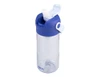A drink bottle in transparent plastic with a blue lid and a flip-top spout. It has a logo on the side.