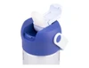A drink bottle with a blue lid and a flip-open spout for easy sipping, featuring a logo on the side.