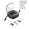 A black, retractable cable set featuring multiple interfaces including Lighting, USB-A, and micro, with slots for SIM and TF cards.