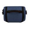 A cooler bag in a blue textured fabric with a black handle and zippers, featuring a logo on the front.