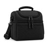 A black cooler bag with a zippered top, carrying handle, and adjustable shoulder strap. It has a logo on the side.