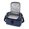 A blue cooler bag with a zippered opening and a silver interior, featuring a detachable shoulder strap.
