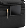 A black cooler bag with a zipped pocket featuring a phone and a pen. The bag has a simple design and is made from fabric.