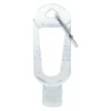A clear 60mL hand sanitiser bottle with a carabiner attached, featuring a textured grip and a small opening at the bottom.